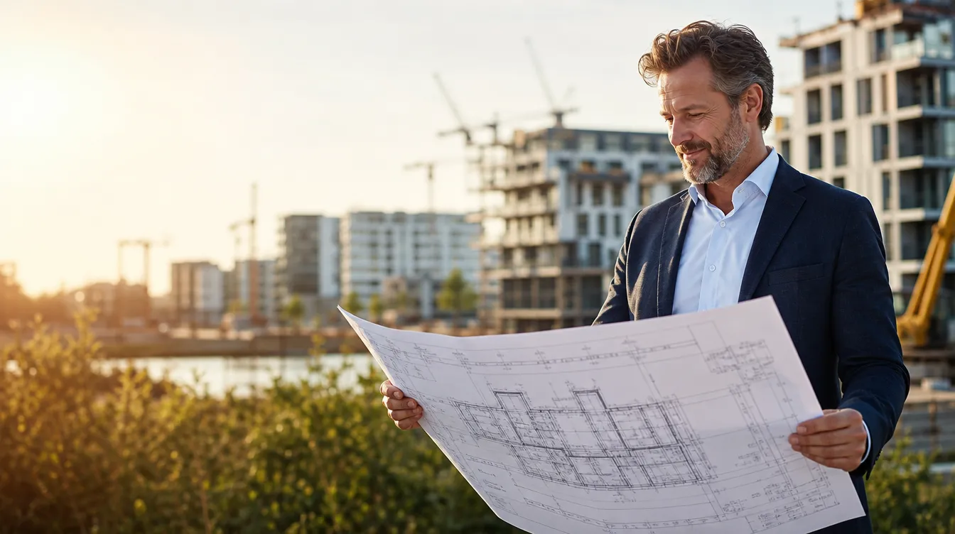 Property developer reviewing construction drawings at a development site