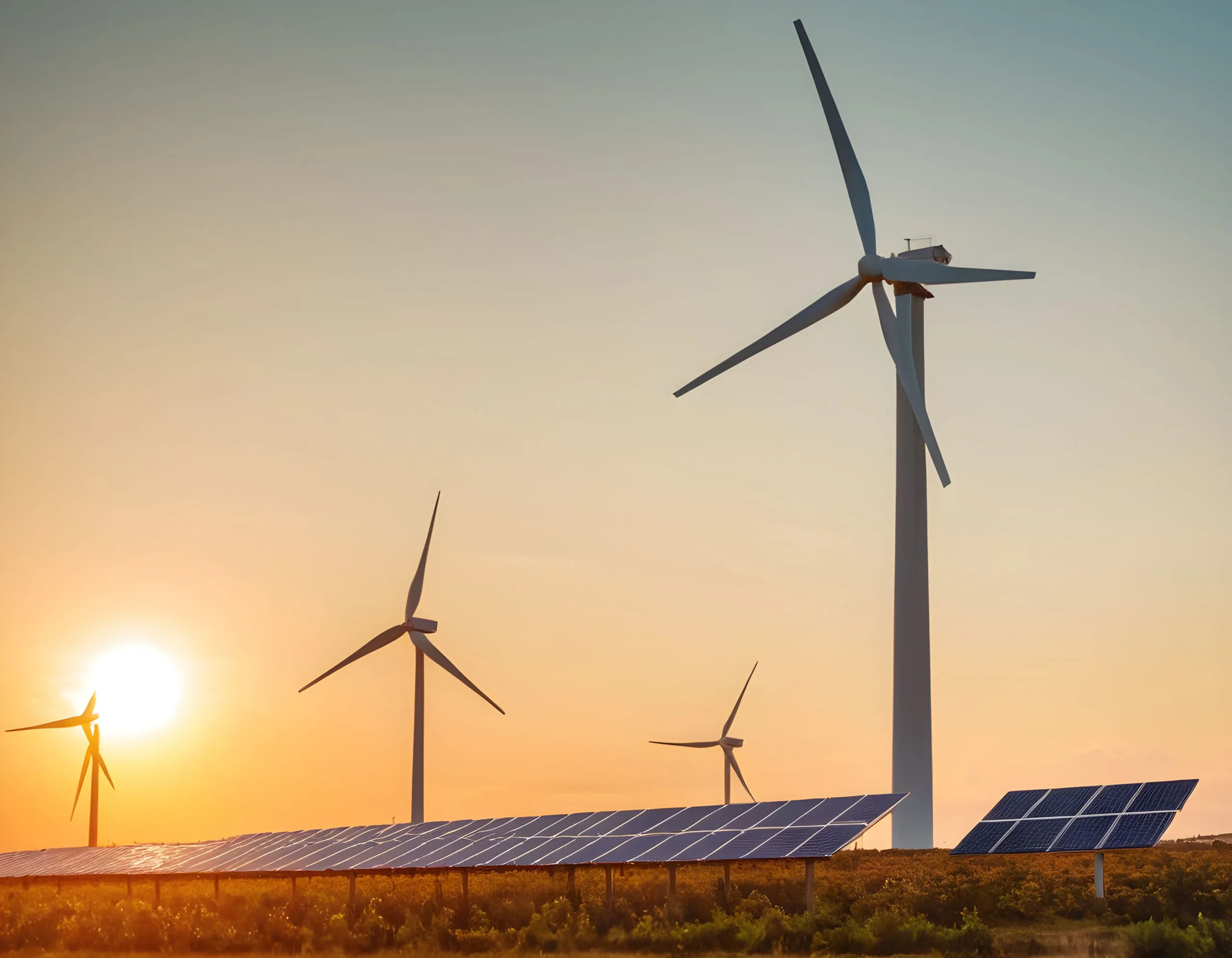 Wind turbines and solar panels in an open landscape